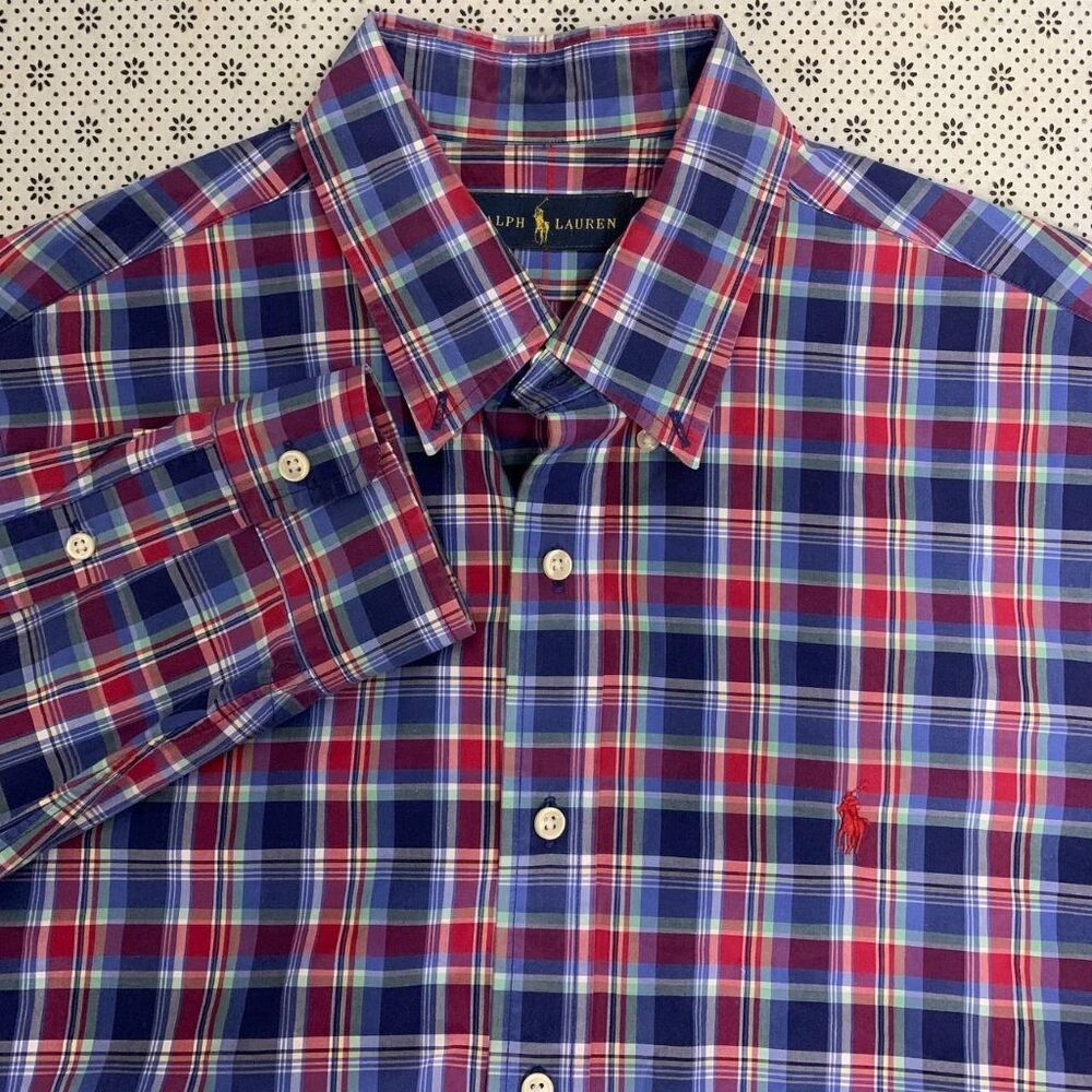 Ralph Lauren Mens L Plaid Button Down Shirt Long Sleeve Blue Red Cotton